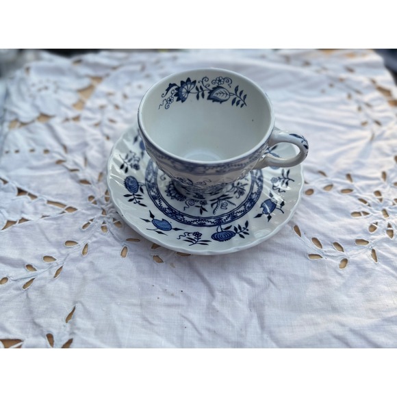 Wood and Sons Old Vienna Blue White Ironstone Tea Cup Saucer Set England Vintage - Picture 3 of 7